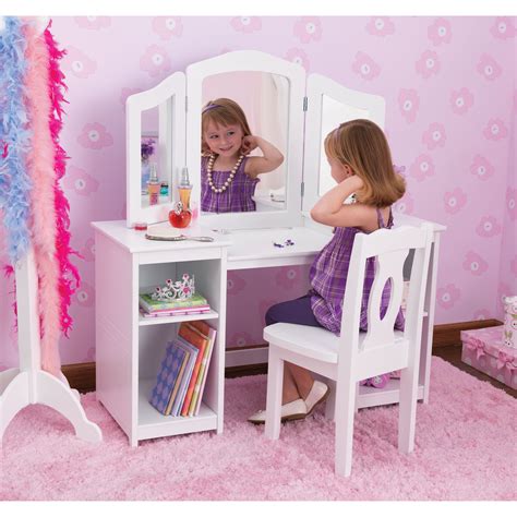 GAOMON Kids Vanity, Girls Vanity Table with Tri-Folding Mirror,Stool & Drawer, 2 in 1 Wooden Princess Makeup Desk Dressing Table, Toddler …